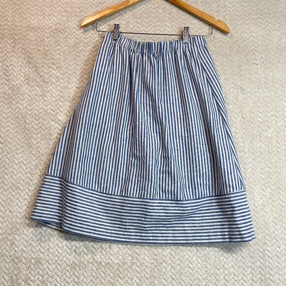 J.Crew Blue Striped Cotton-Linen Midi Skirt Women Size 00 Euro Summer Resortwear - Picture 1 of 7